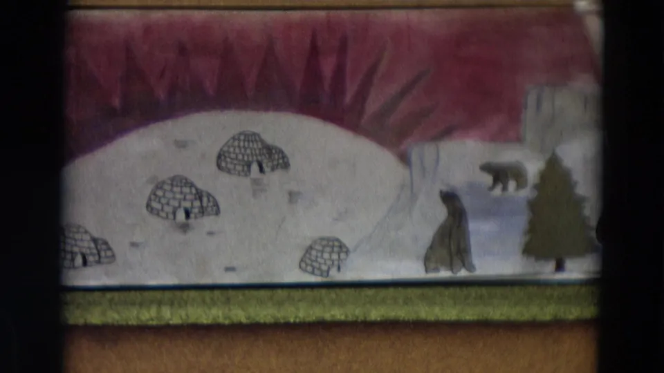 1968 Lahaina, Maui frame showing the handmade Arctic scene, including igloos, polar bears, snowbanks, and stage base.