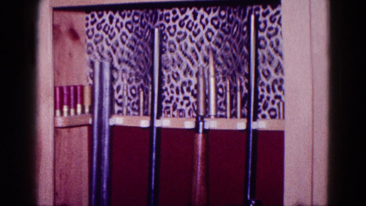 1968 Minnesota 8mm frame showing long guns and shotgun shells in a wooden display case with patterned backing.