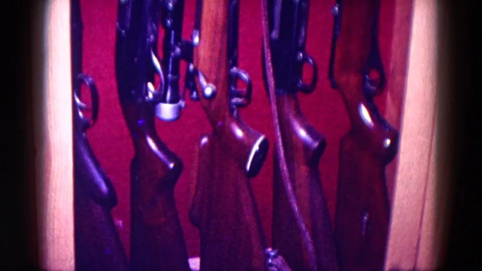 A closer 8mm view shows multiple long guns with dark metal parts and wooden stocks in the Minnesota gun display.