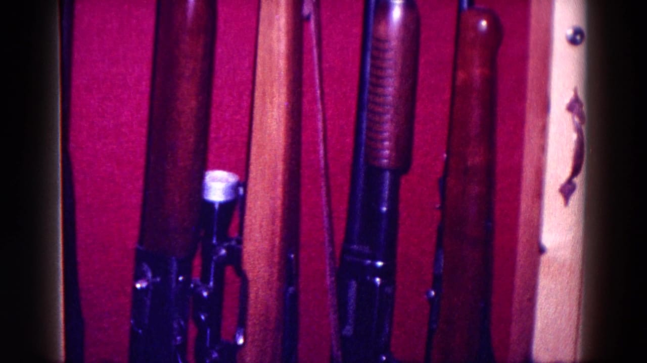 Rifles and shotguns standing upright in a red-lined wooden cabinet.