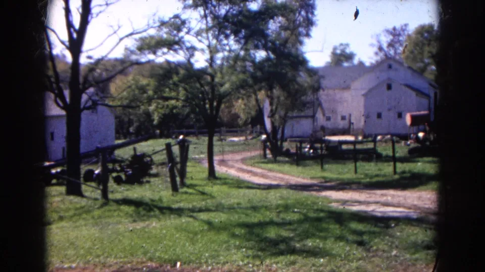 1968 Wauconda farmyard view with white barns, a dirt road, leafy trees, fence lines, and equipment at frame right.
