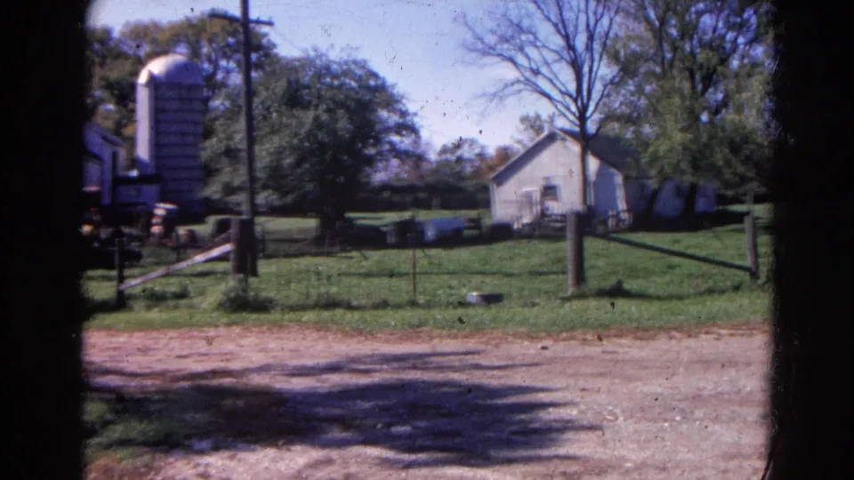 1968 rural Wauconda farm view showing white outbuildings, a silo, trees, fence line, grass, and roadside dirt.