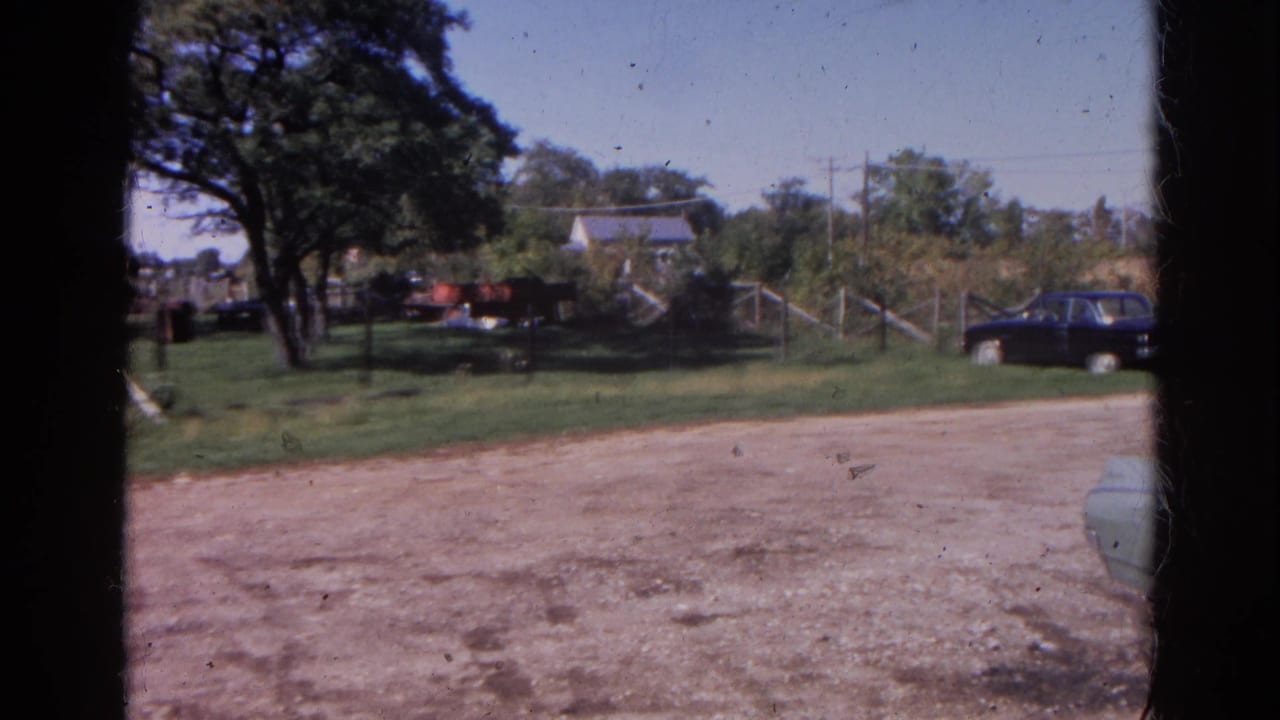 Rural roadside with parked cars, trees, grass, and open fields beyond a dirt area.