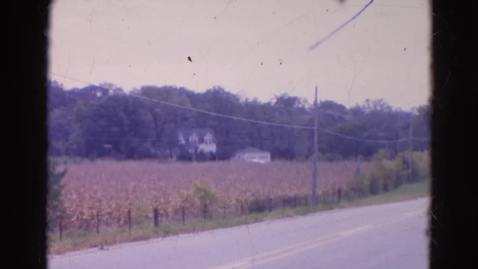 A Wauconda rural roadside view shows a cornfield, utility poles, power lines, trees, and a distant house in soft 8mm color.
