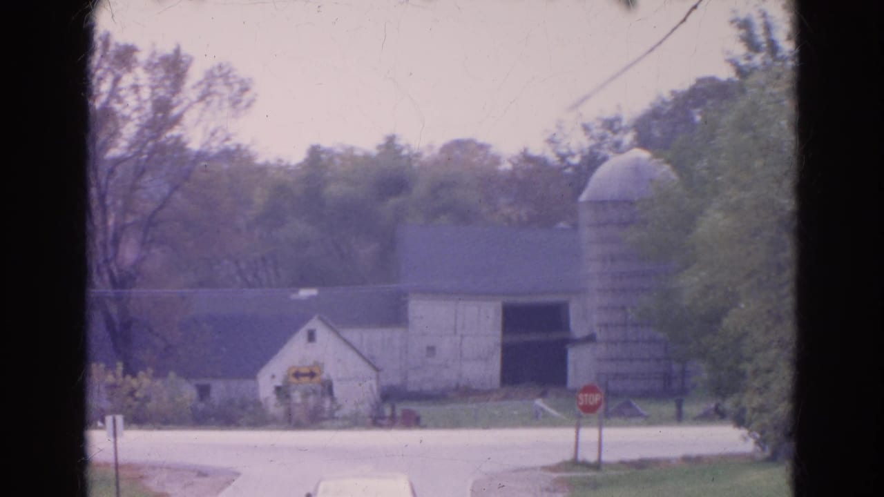 White sedan approaches a rural intersection near a barn, silo, trees, and red stop sign.