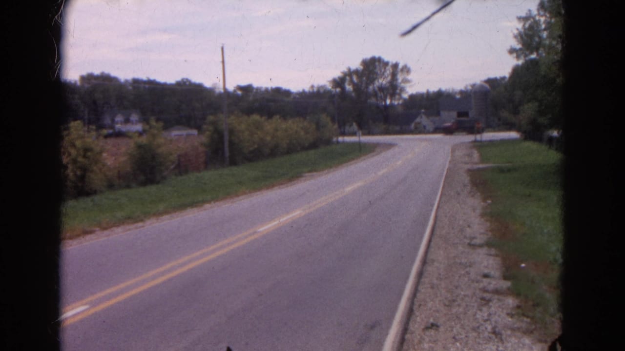 Two-lane rural road with grass, bushes, utility poles, and distant buildings.