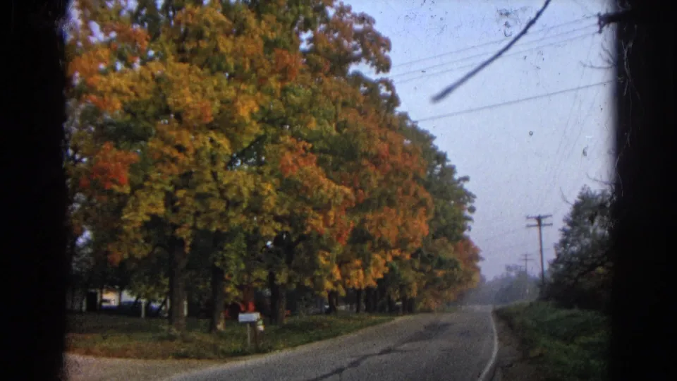 1968 Wauconda, Illinois frame showing an empty country road bordered by dense autumn trees, grass, utility poles, and wires.