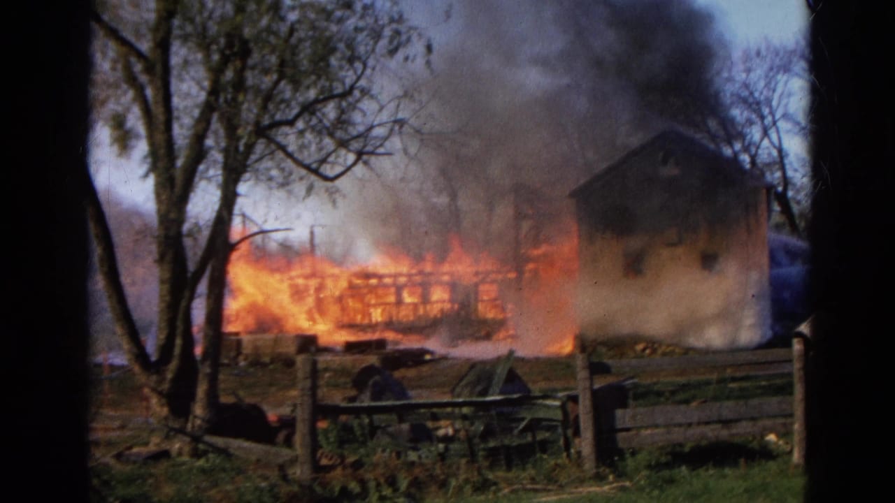 A wooden structure burns with bright flames beside trees and fencing.