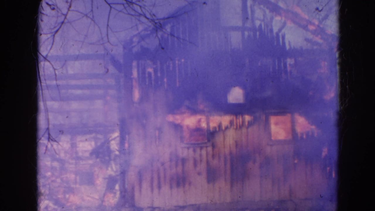Burning wooden structure seen through dark tree trunks with purple smoke and flames.