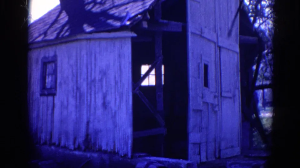 1968 Wauconda, Illinois frame showing the shack from close range, with worn white boards, open doorway, small window, and trees around it.