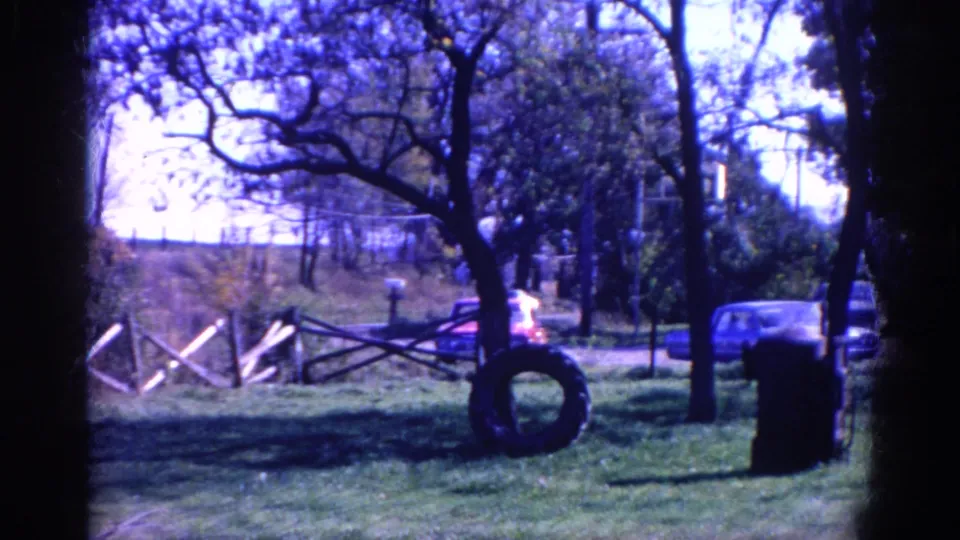 1968 Wauconda yard scene with a tractor tire swing hanging from a tree, split-rail fencing, grass, and parked cars beyond.
