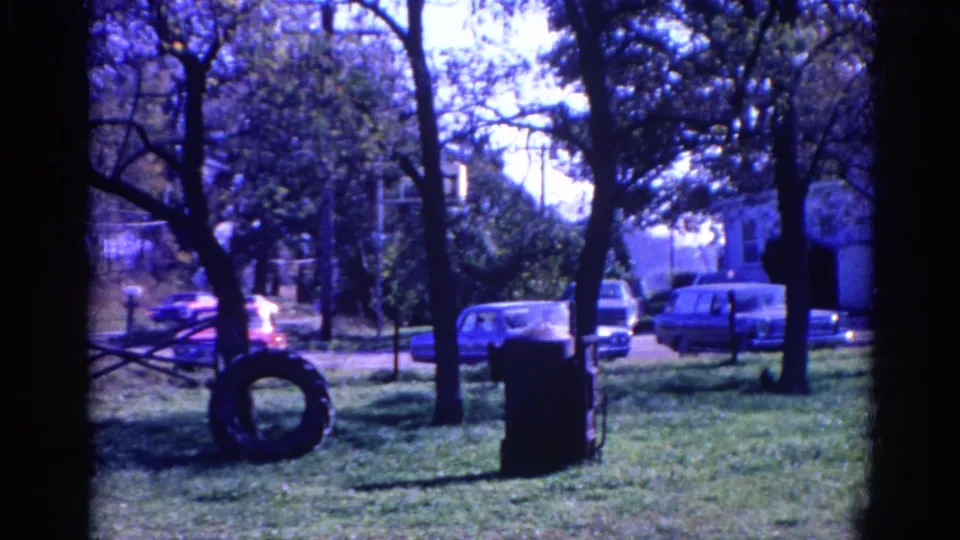1968 Wauconda roadside park scene showing tree trunks, open grass, parked cars, and a white utility truck passing near a building.