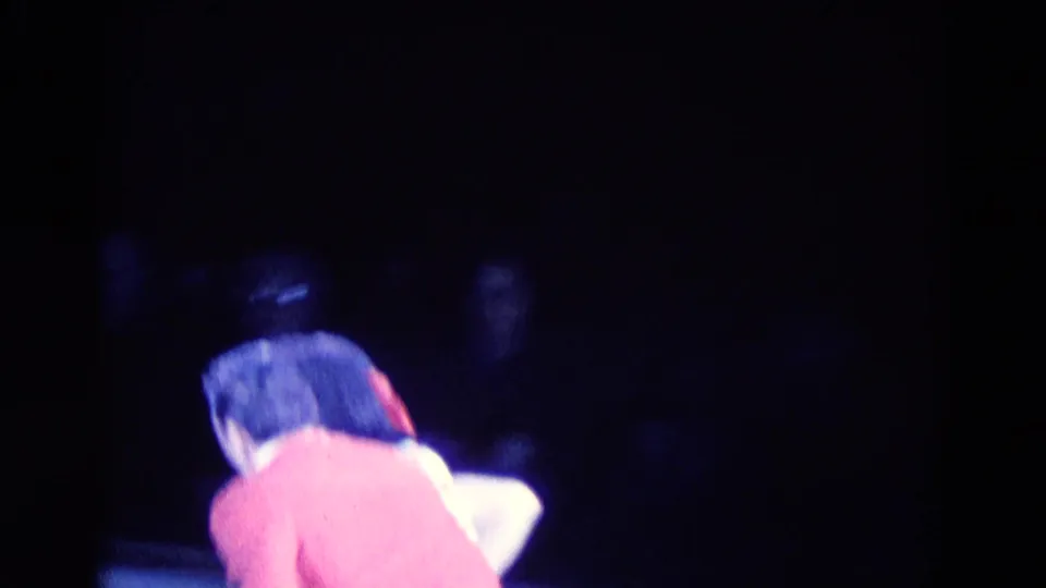 A skater in a pink jacket leans forward near a partner in white during the Chicago ice skating routine.