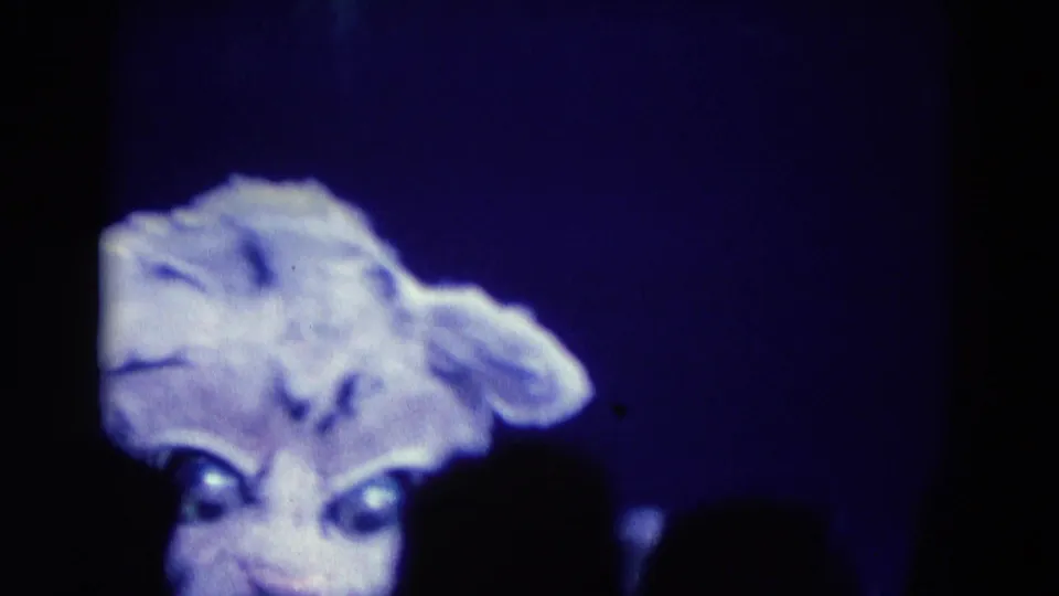 1969 Chicago home-movie frame showing a white tiger costume head on an ice-show stage under blue light, partly obscured by audience silhouettes.