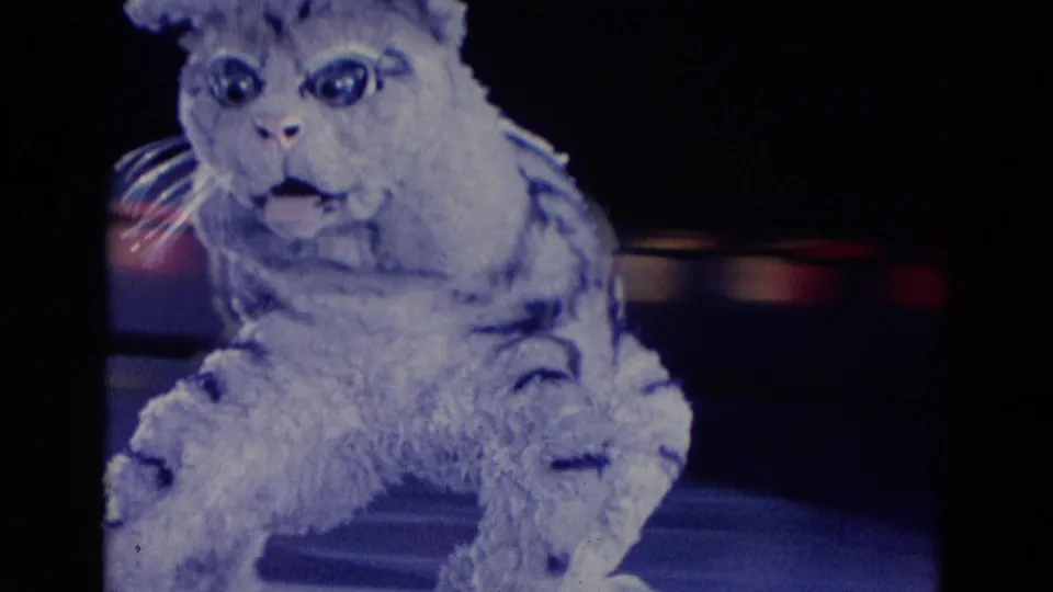 In 1969 Chicago home-movie footage, a performer in a large white striped animal costume faces the camera on a dark stage.