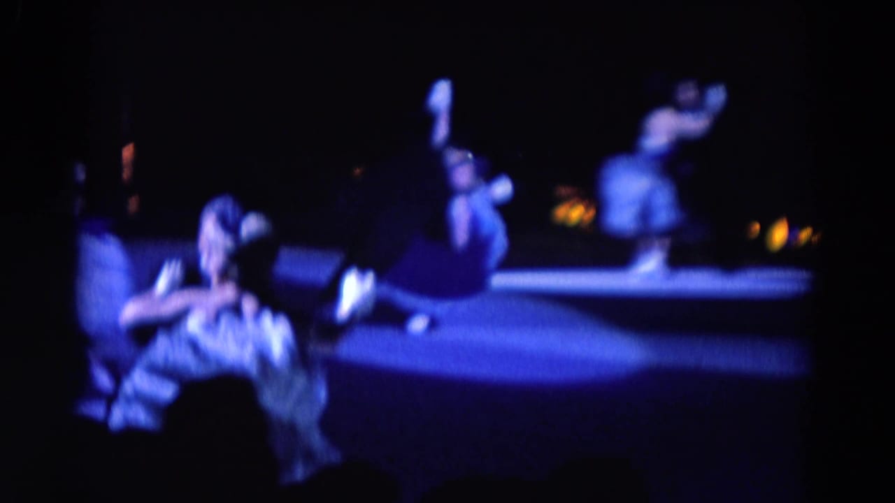 Costumed skaters perform on a dark ice rink under blue stage lighting.