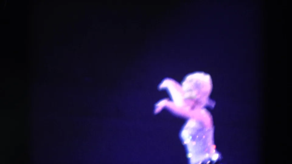 A female skater in a shimmering costume appears in a separate 1969 Chicago ice-show moment under blue stage light.