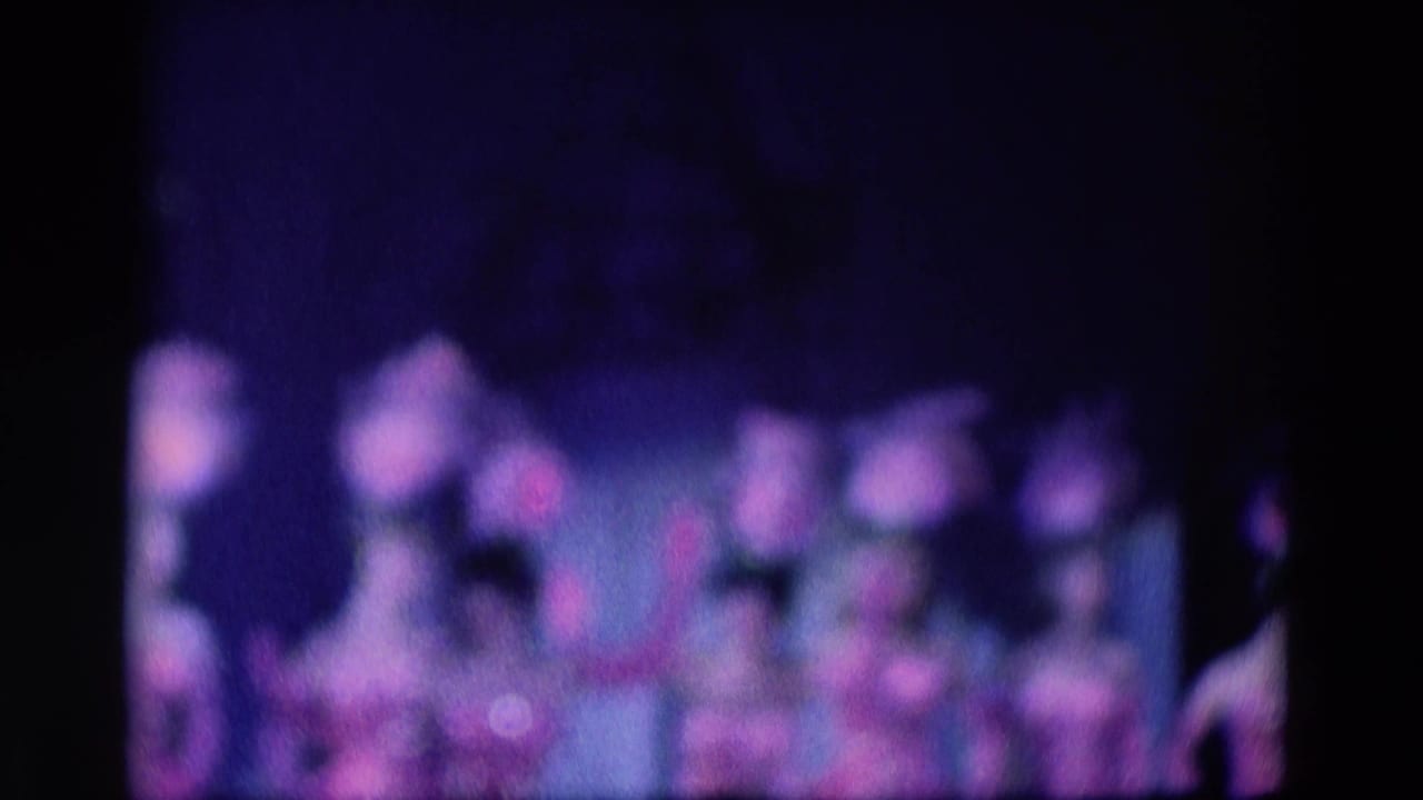 Soft, distant view of dancers in pink costumes on a dark stage.