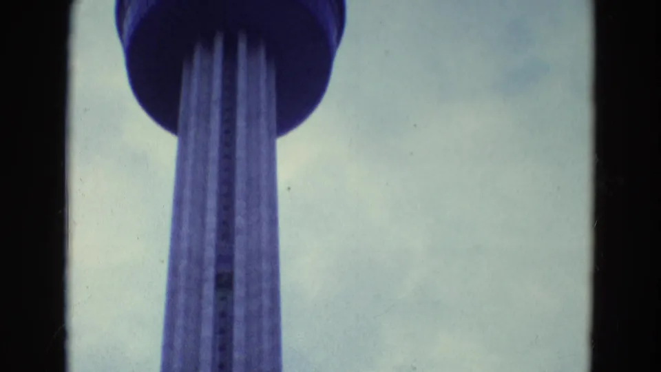 8mm frame showing the circular deck around a tall tower shaft, filmed from below in 1969.