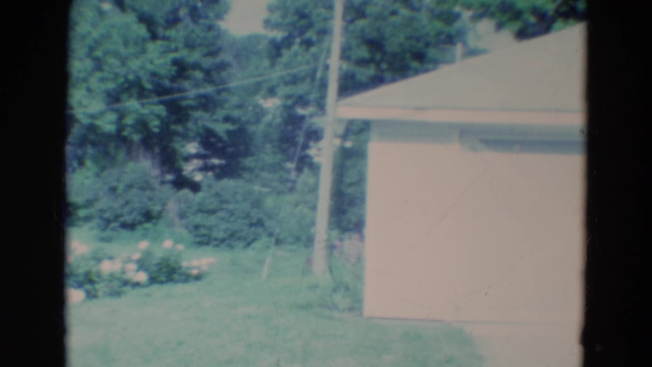 Light-colored house beside a lawn, utility pole, trees, and small flower bed.