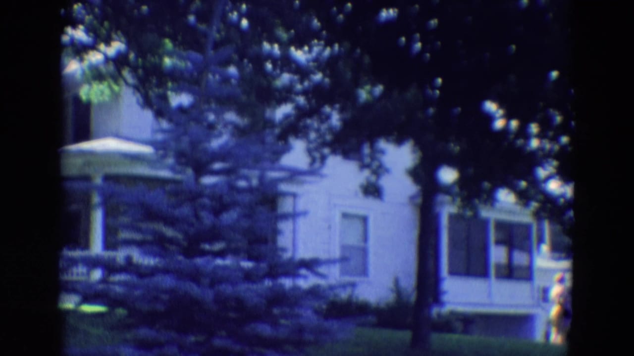 Two-story white house partly shaded by trees with porch, lawn, and shrubs.