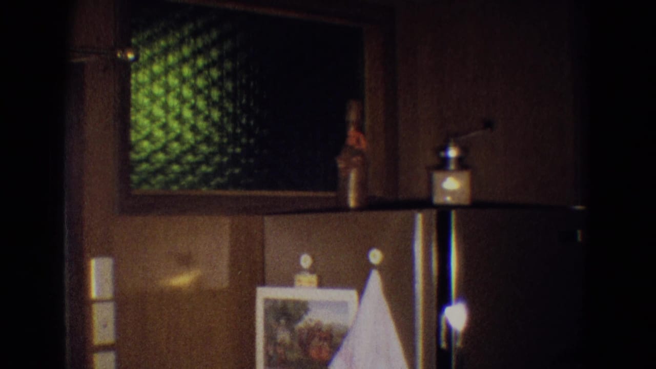 Dim wood-paneled kitchen area with a refrigerator, pinned paper, towel, and dark window.