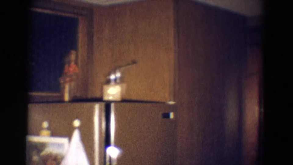 1969 Diller, Nebraska interior frame with a refrigerator, wood paneling, dark opening, and small objects on top in low household light.