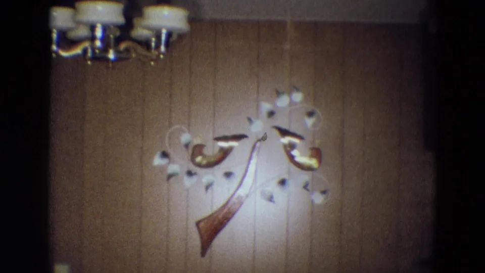 1969 Diller, Nebraska home-movie frame with abstract floral or pipe-like wall decor beneath a white-globe ceiling fixture.