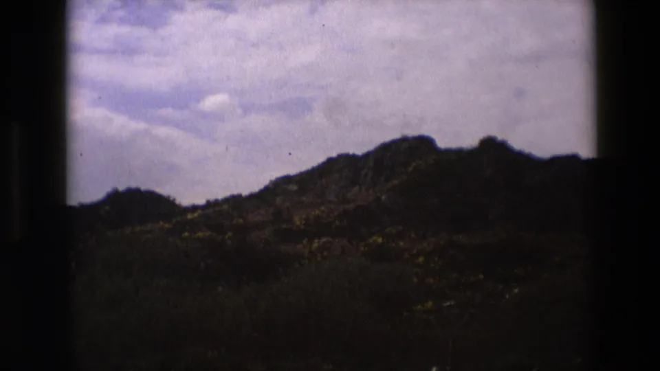 1969 England 8mm frame of a shadowed low mountain ridge with dense brush, small yellow wildflowers, and a soft partly cloudy sky.