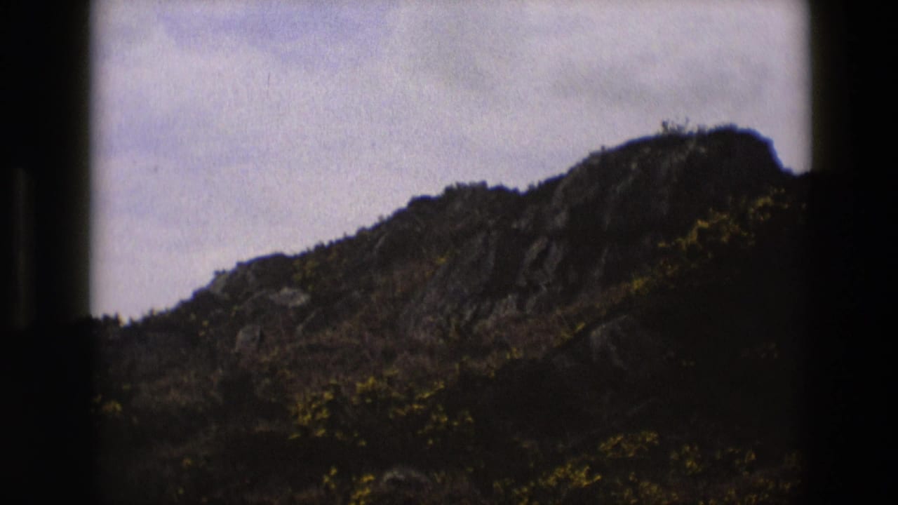 Scrubby rock slope seen through a dark film frame border.