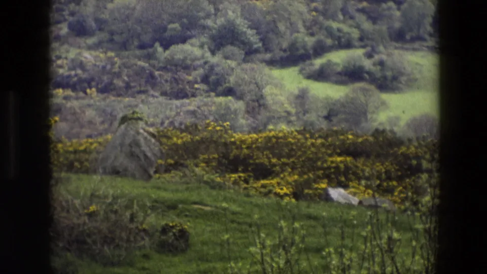 1969 English countryside view through a window frame, showing green hills, trees, yellow gorse-like flowers, grass, stones, and a small rustic structure.
