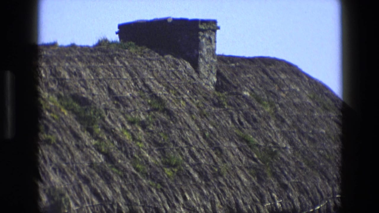 Thatched cottage roof with a stone chimney against blue sky.