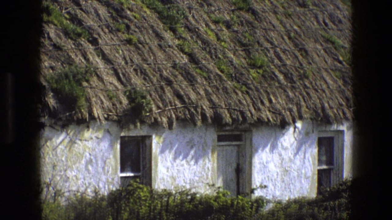 White cottage wall and thatched roof divided by a dark vertical foreground strip.