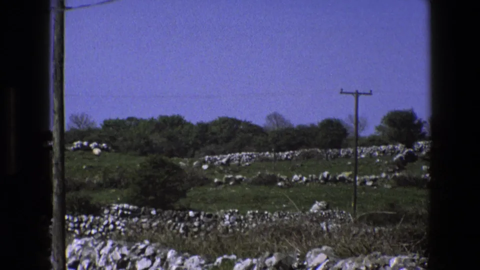 1969 England rural field with pale dry-stone walls, scrub vegetation, distant trees, and a wooden telephone pole under blue sky.