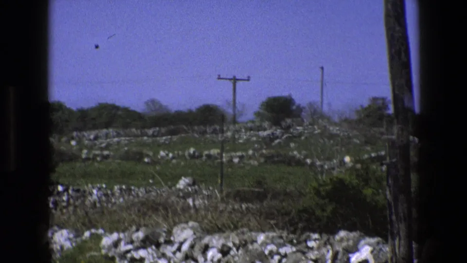 1969 England countryside frame with dry-stone walls, brushy foreground, utility pole, blue sky, and a small bird visible above the fields.