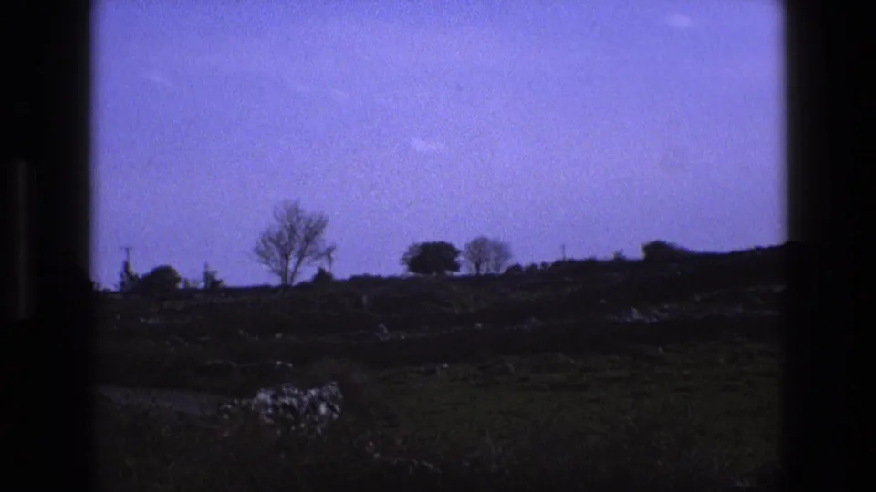 1969 England 8mm frame shifting to a purple-tinted countryside view with rolling ground, stone wall, and scattered trees.