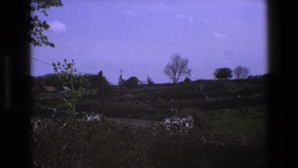 1969 England home-movie frame with a window-framed view of fields, stone walls, foreground branches, and bare trees on the horizon.