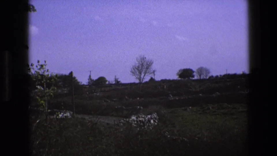 1969 England rural landscape seen from indoors or near a window, with open fields, low stone walls, a path, and distant trees under pale sky.