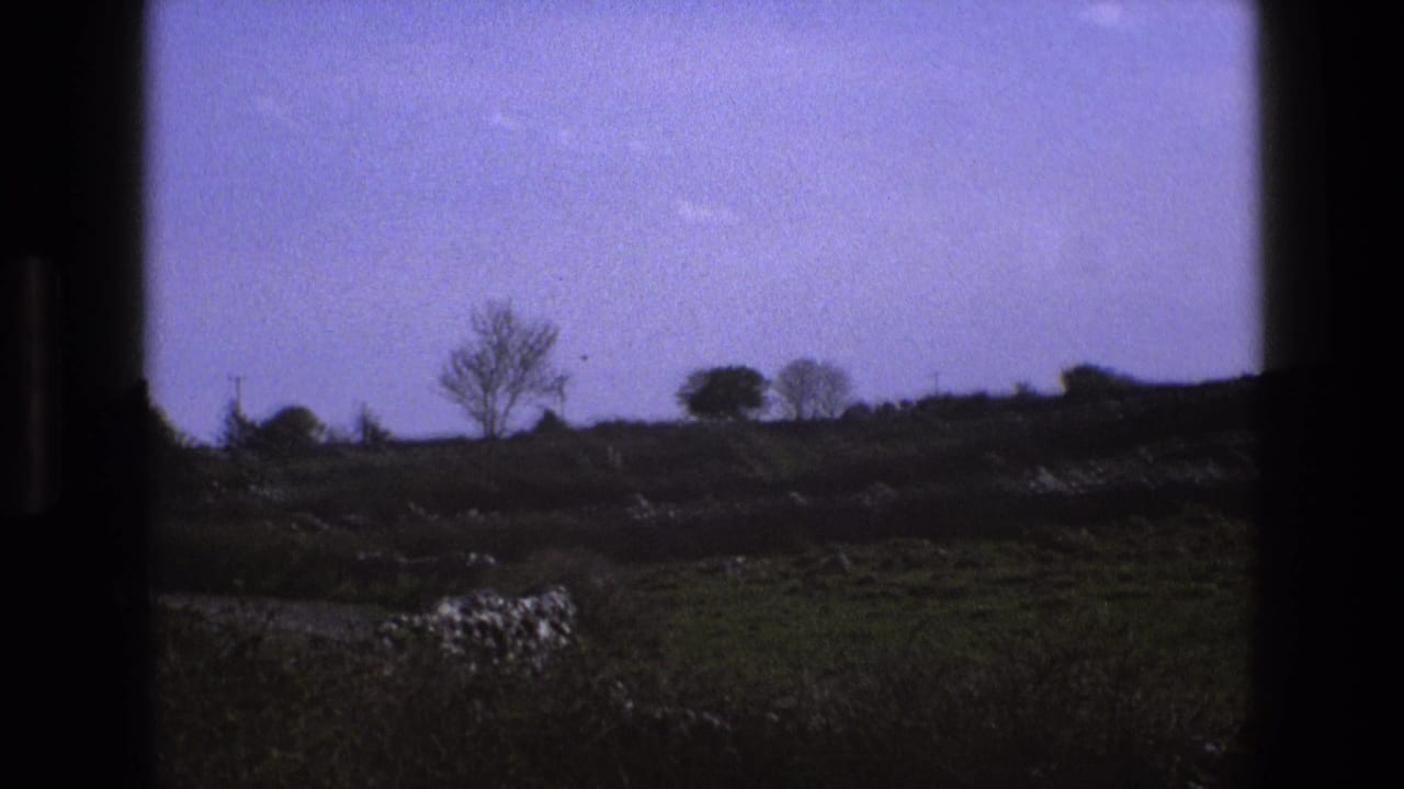 1969 England 8mm frame showing a shadowed hillside, bare deciduous trees, low stone walls, and a lilac-blue sky.