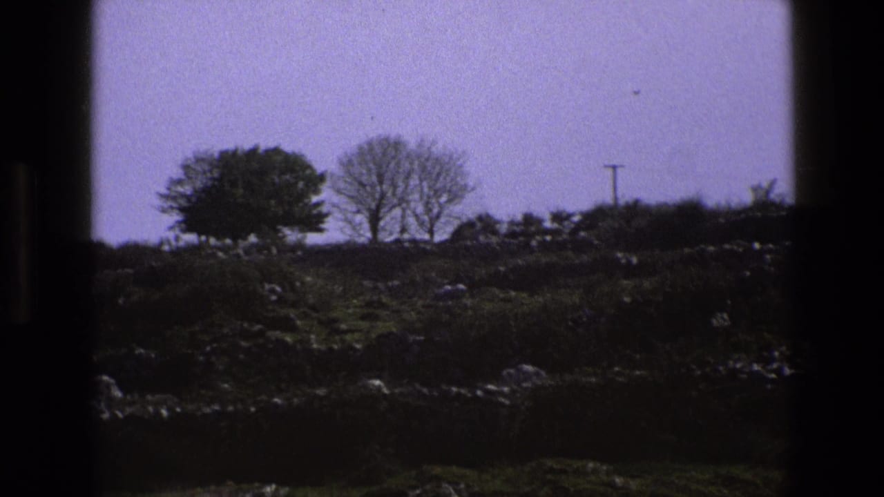1969 England 8mm frame of a rocky rural hillside with scattered trees, dark foreground, and a distant utility pole.