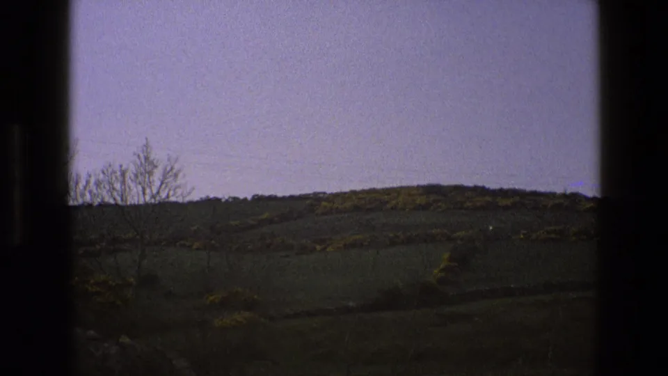 1969 England 8mm frame showing a rural hillside with green grass, scattered yellow bushes, bare trees, and dark frame edges.