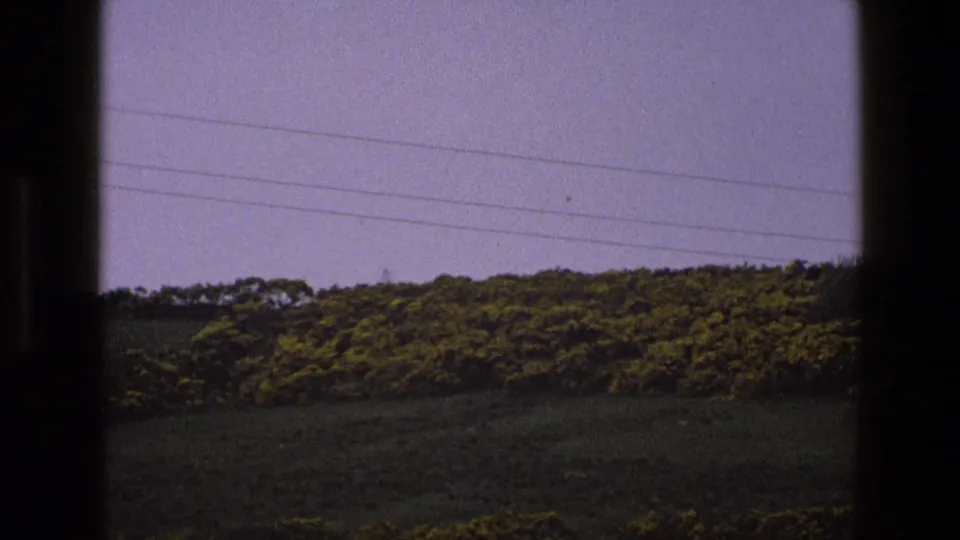 1969 England rural landscape frame with a darker green slope, yellow-flowering shrubs, tree line, pale sky, and overhead power lines.