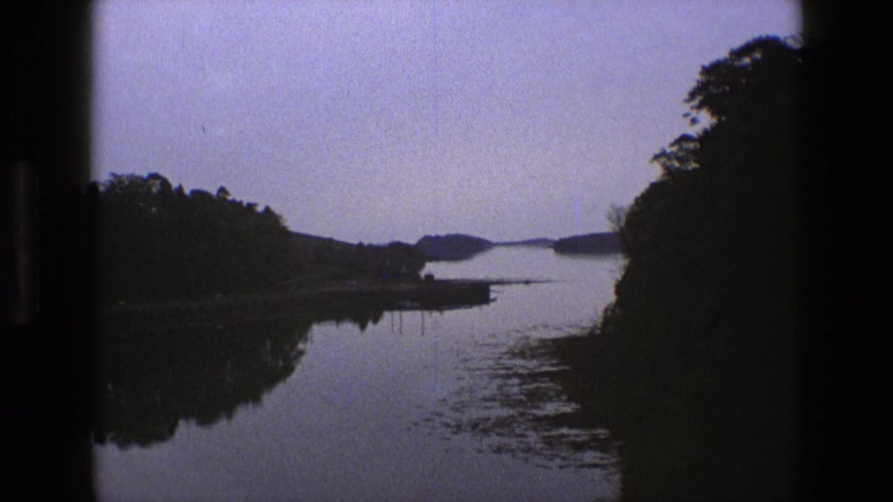 1969 England 8mm frame of a quiet waterway viewed from a moving position, with dark trees, reflective water, and low distant shoreline.