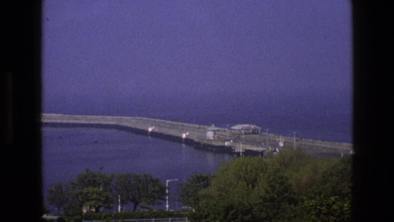 1969 England seaside view showing a concrete sea wall, green-roofed pavilion, shelter canopy, trees, and still water.