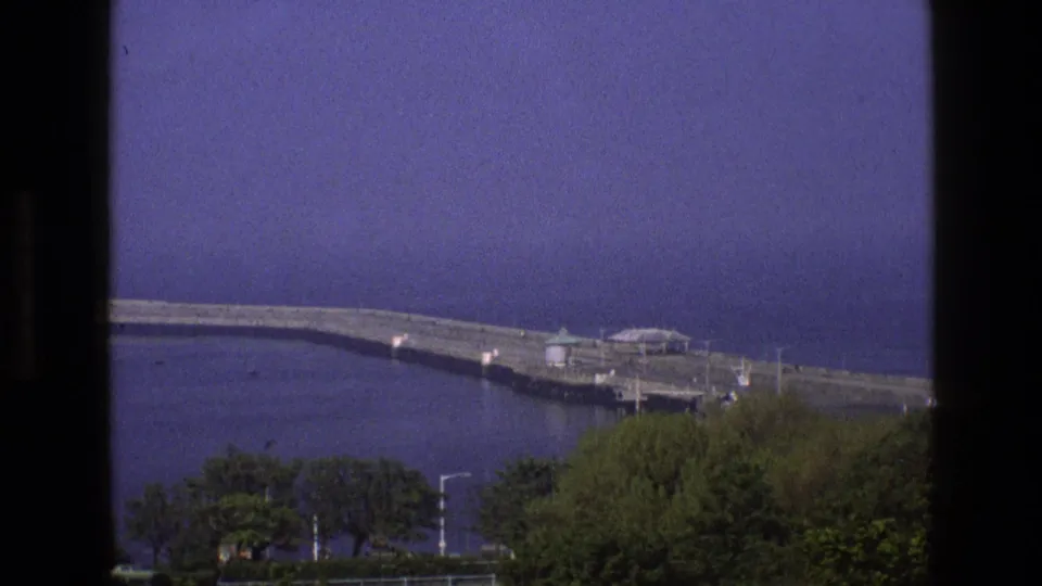 1969 England seaside view showing a concrete sea wall, green-roofed pavilion, shelter canopy, trees, and still water.
