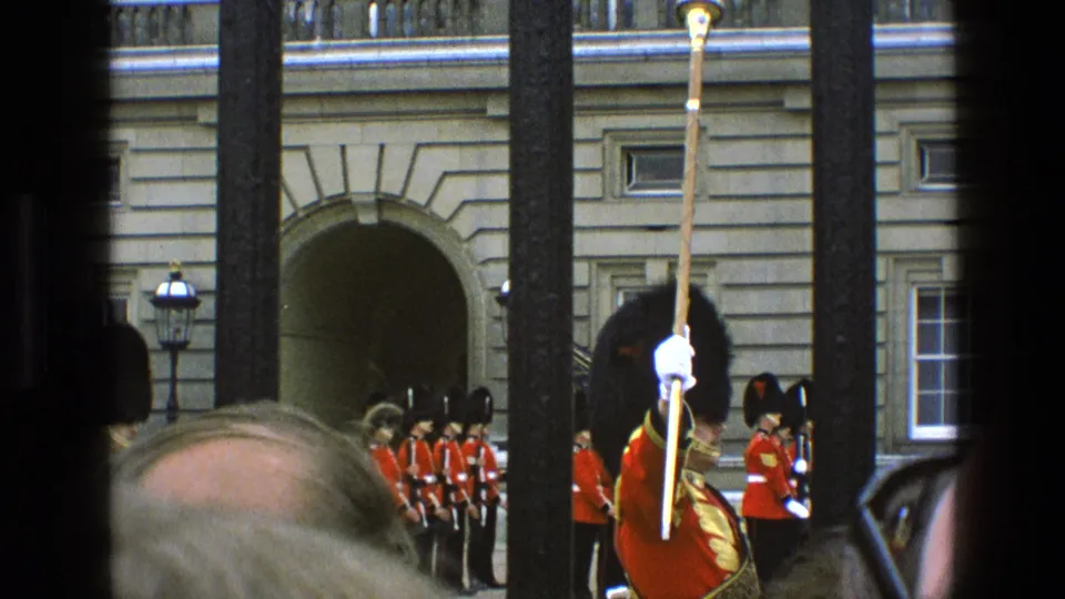 British ceremonial guard with raised vertical staff in front of a stone palace arch, with other guards visible nearby.