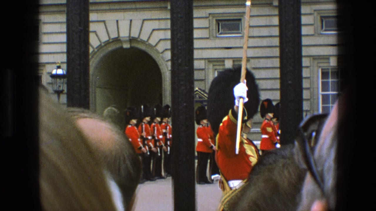 Guard with raised ceremonial staff stands before palace railings and other guards.