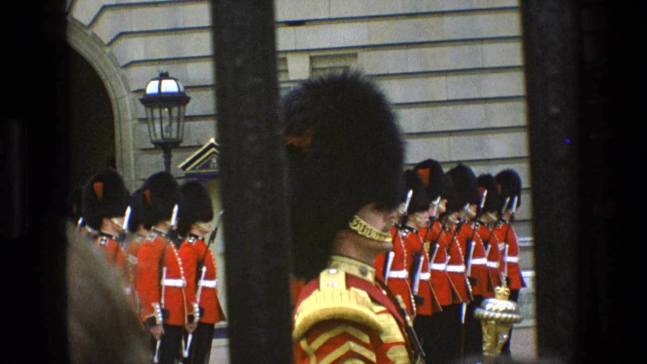 Line of red-coated guards outside a stone palace facade, partly obscured by bars.