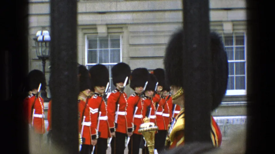 Ceremonial British guards in red coats and bearskin hats stand at attention in England, with rifles visible through foreground bars.