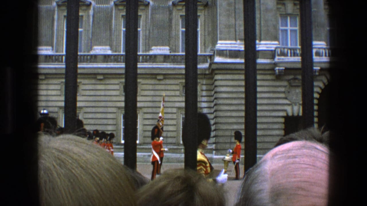 Royal guards stand near palace railings as spectators crowd the foreground.